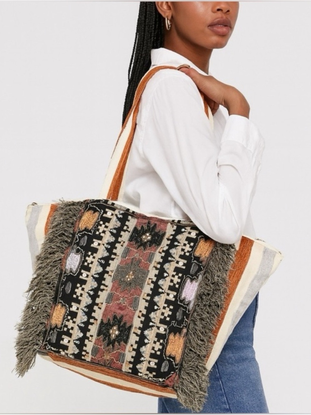 Raga Bonita Boho Statement Tote Bag Fringe Tribal Print Oversized Shoulder Purse